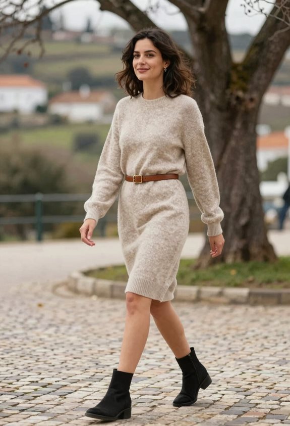 belted sweater dress ensemble