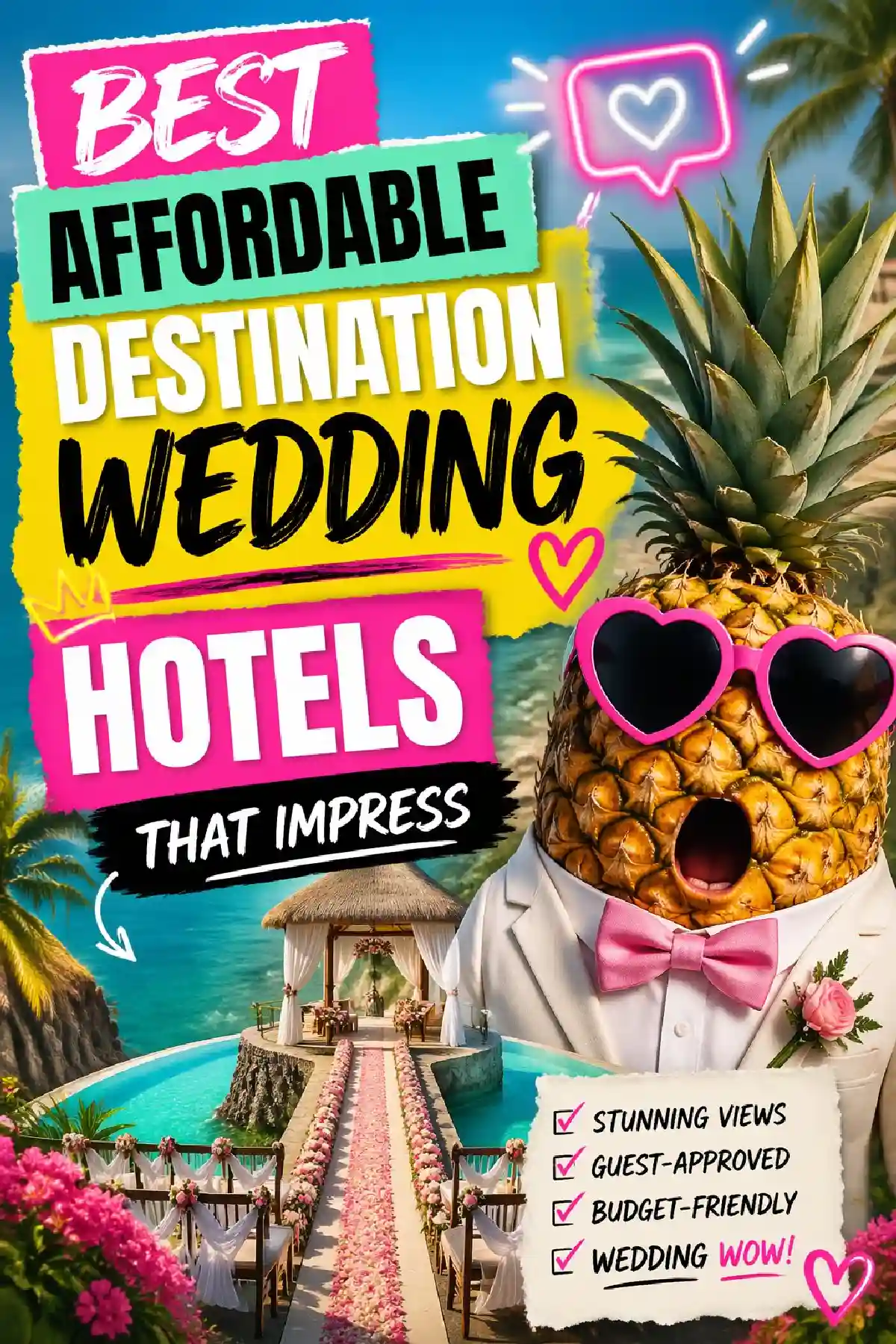 Colorful graphic promoting affordable destination wedding hotels with a fun pineapple character and wedding setup by the sea.