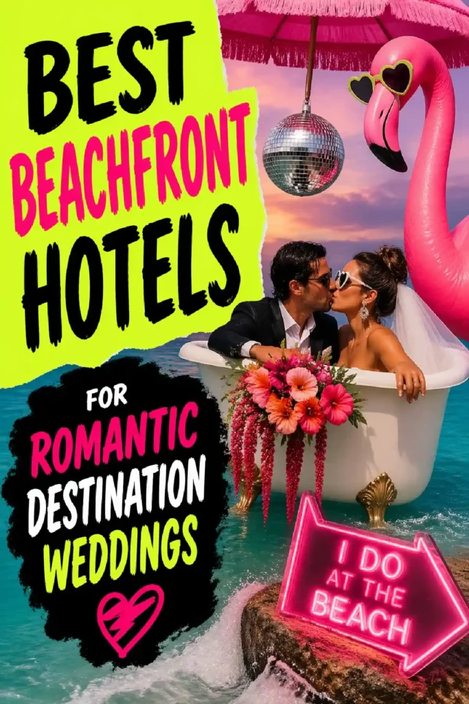 Couple celebrating love in a beachside bathtub, highlighting the best hotels for romantic destination weddings.
