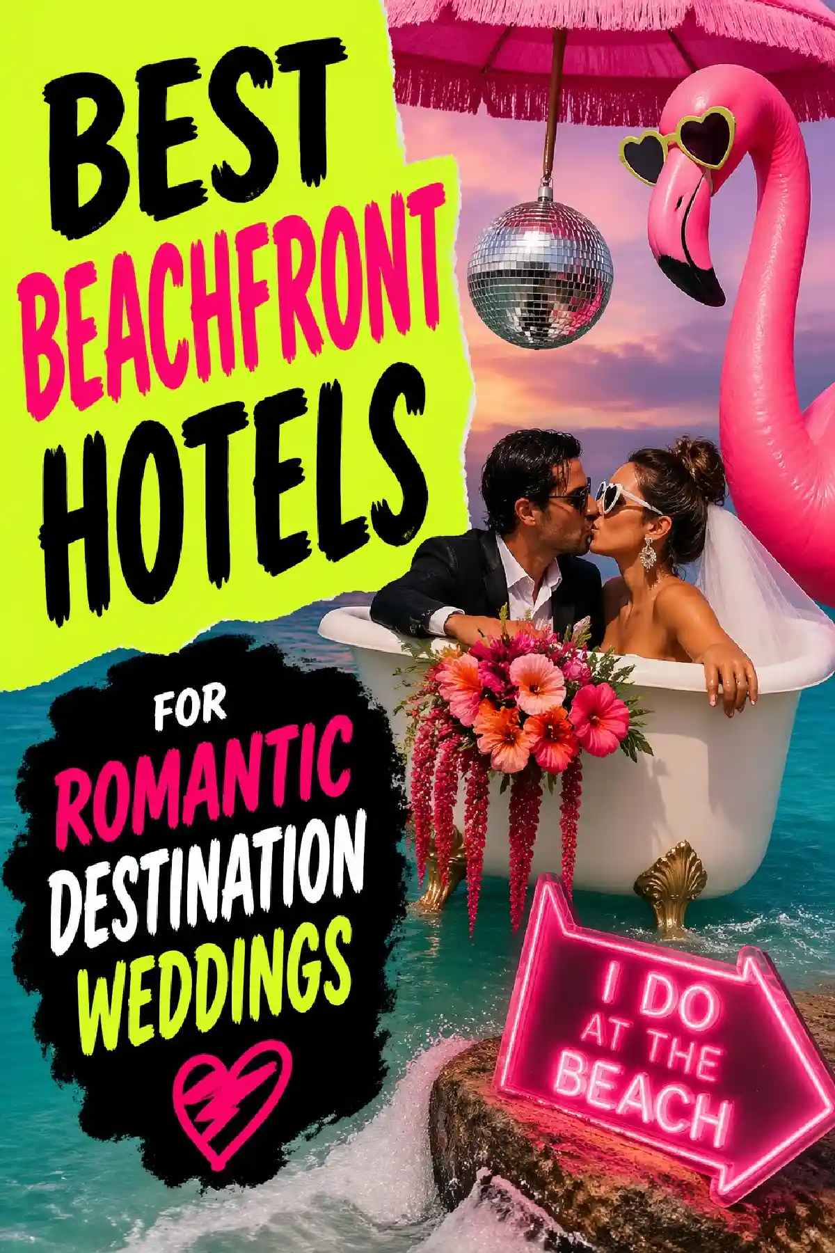 Couple celebrating love in a beachside bathtub, highlighting the best hotels for romantic destination weddings.