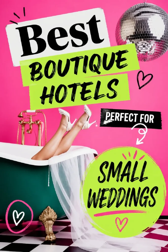 Colorful graphic featuring text about the best boutique hotels for small weddings, with a playful background and chic decor.