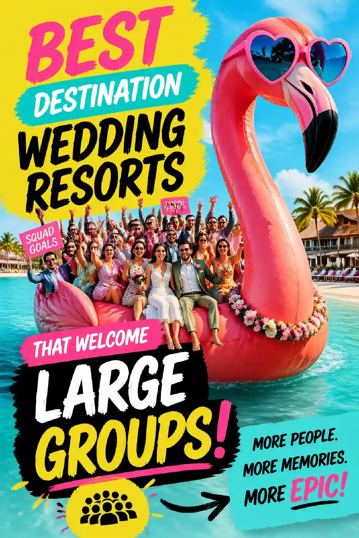 Colorful image showcasing a large group celebrating at a vibrant destination wedding resort with a giant flamingo float.