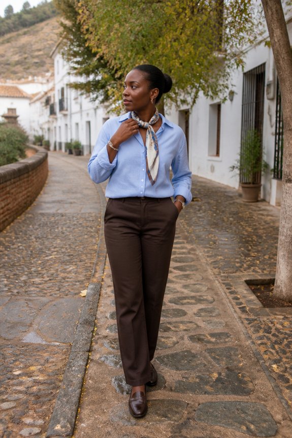 blue blouse espresso pants