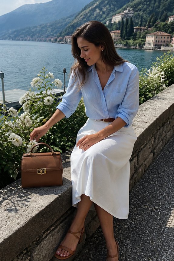 blue blouse white skirt bag