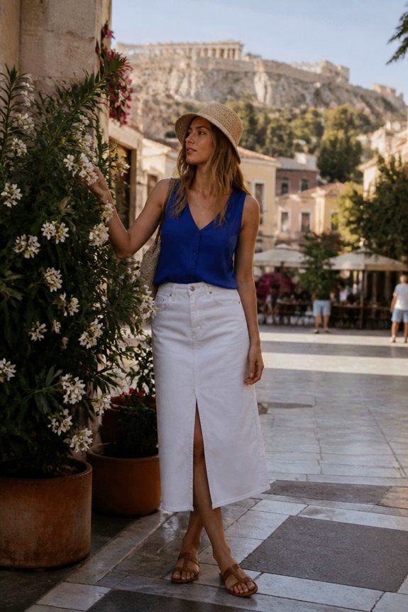 blue blouse white skirt straw hat