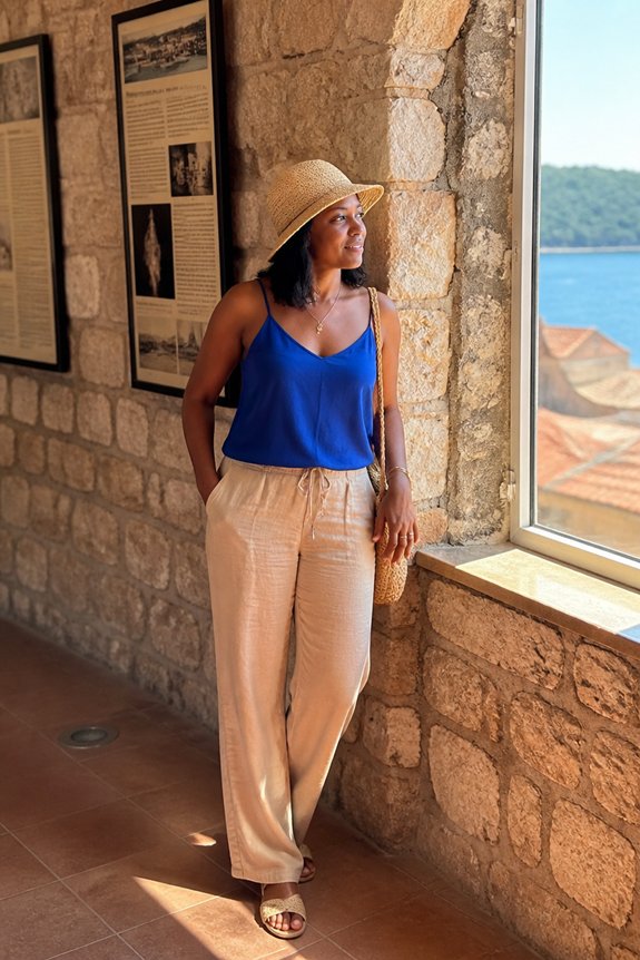 blue camisole beige trousers
