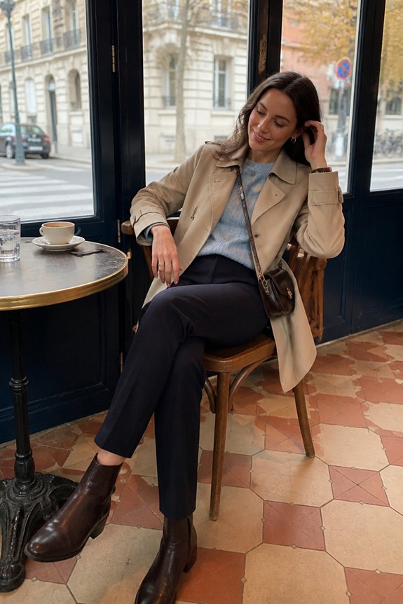 blue sweater navy trousers