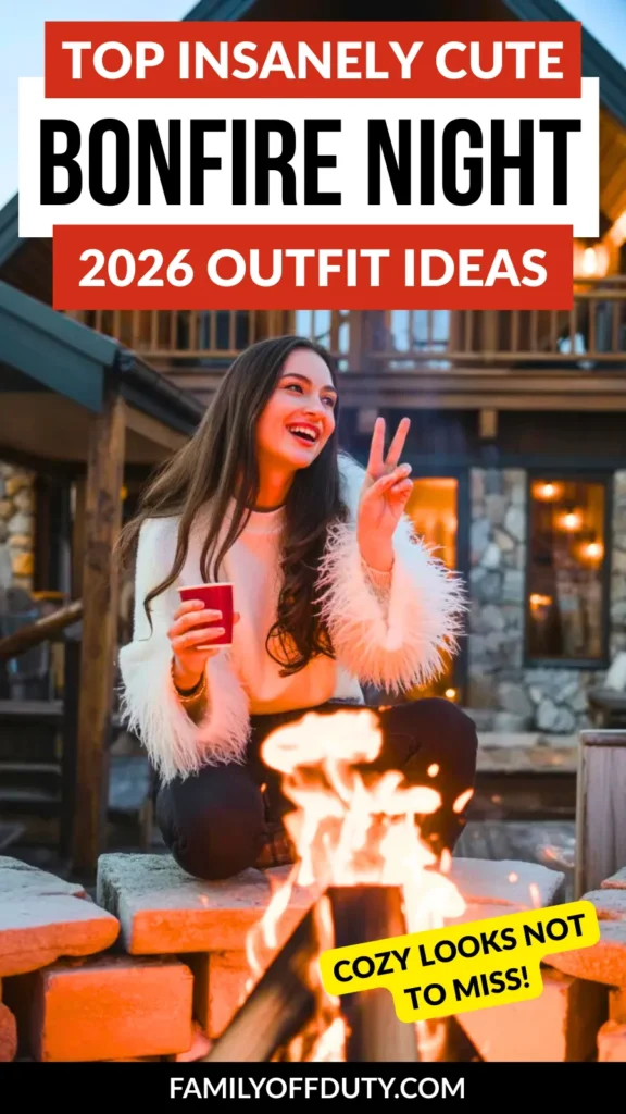 Girl enjoying a cozy bonfire night in a stylish outfit, holding a red cup and smiling by the flames.