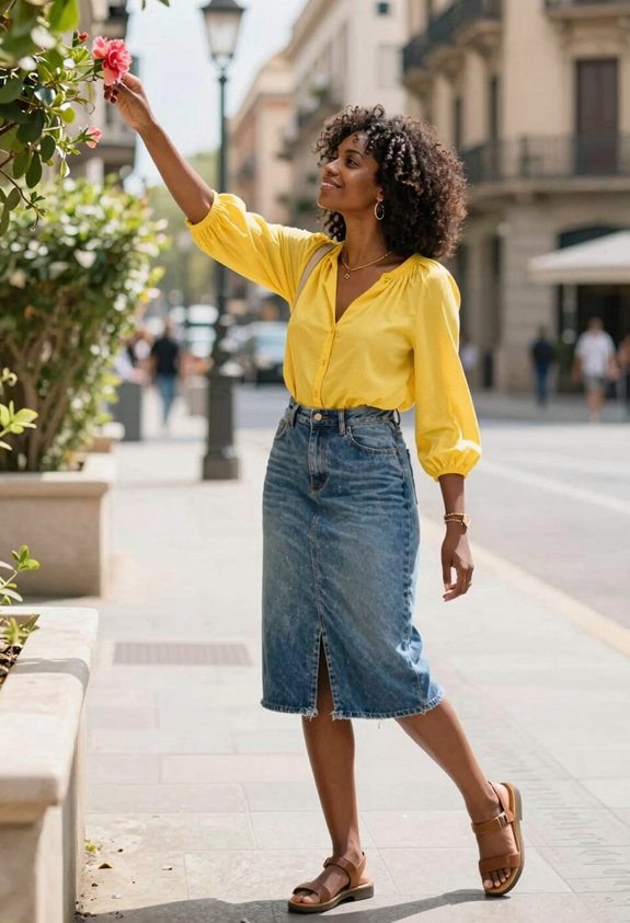 bright blouse casual skirt