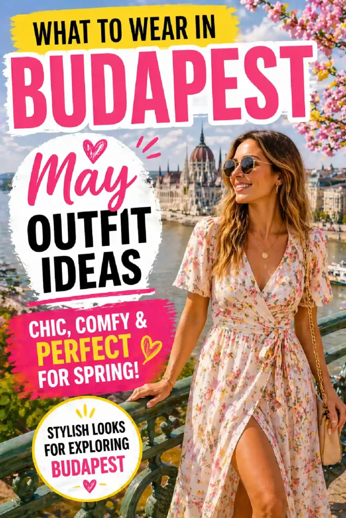 A stylish woman in a floral dress smiles against the scenic backdrop of Budapest, showcasing May outfit ideas for spring.