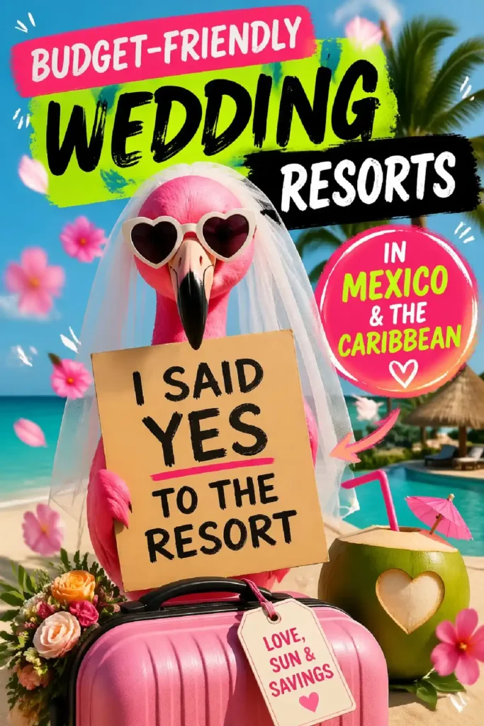 A cheerful flamingo in a wedding veil holds a sign I said yes to the resort at a tropical wedding destination.