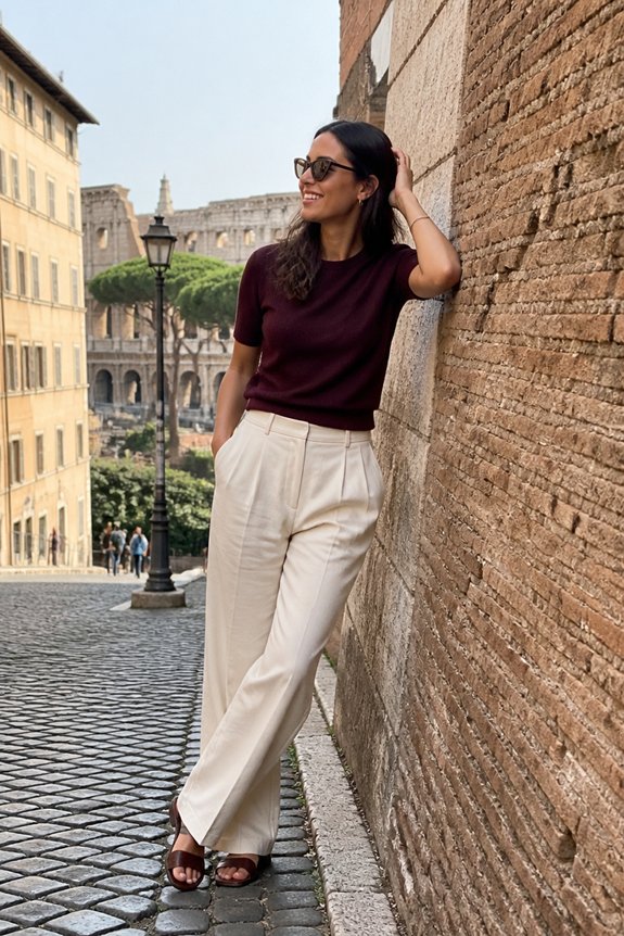 burgundy knit ecru trousers