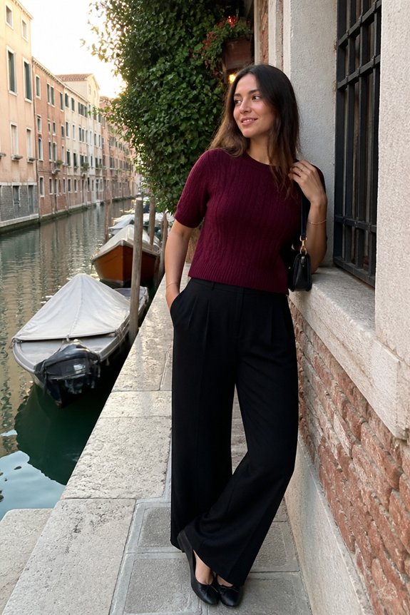 burgundy top black pants