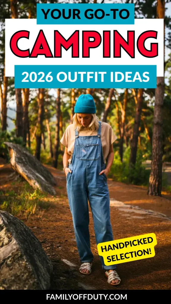 Woman in denim overalls and a beanie, showcasing trendy camping outfit ideas in a forest setting.