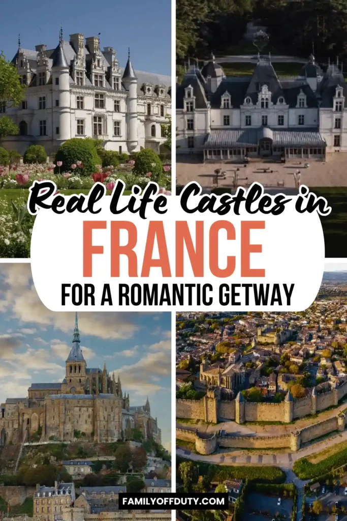 Collage of stunning French castles, perfect for a romantic getaway in beautiful landscapes.