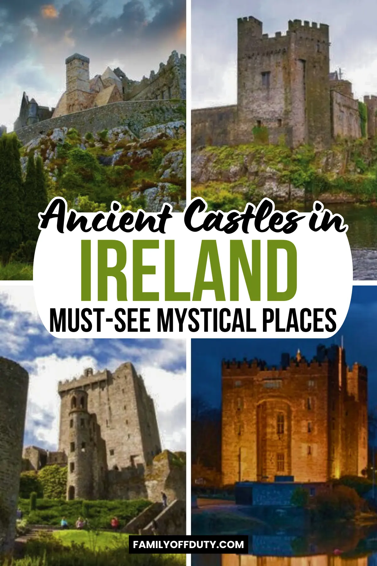 Collage of ancient Irish castles showcasing mystical architecture and stunning landscapes, a must-see for travelers.