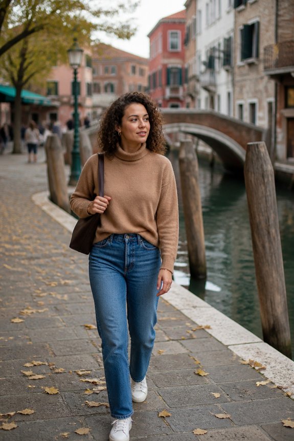 casual beige turtleneck ensemble