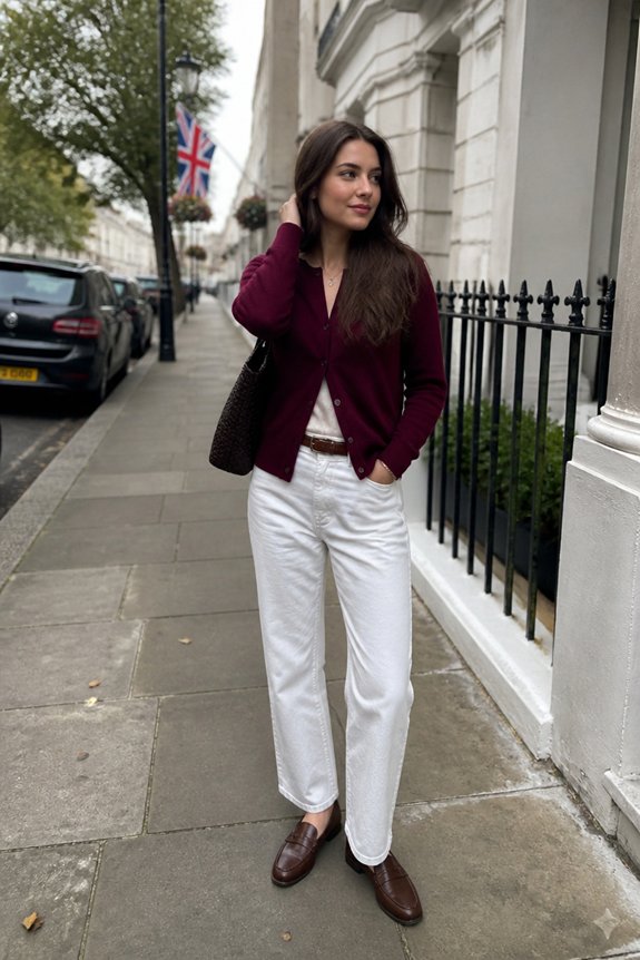 casual burgundy denim ensemble