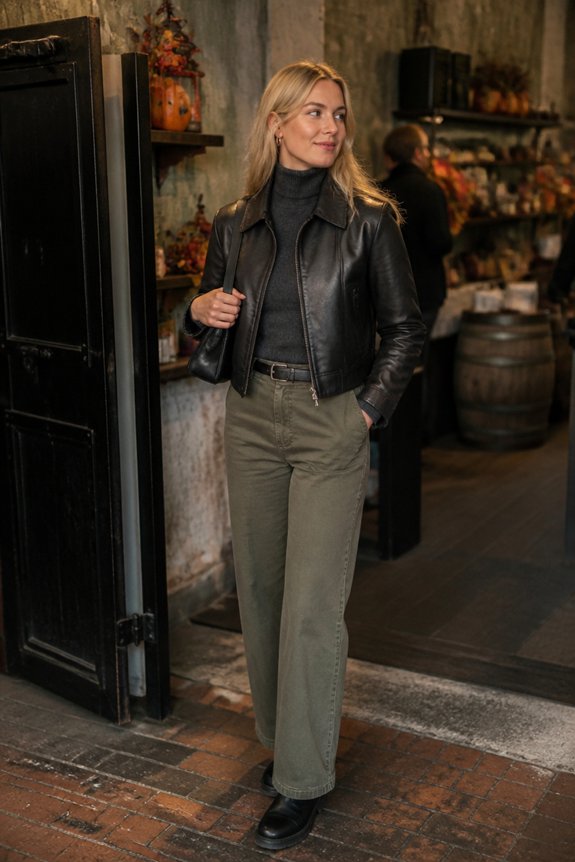 charcoal turtleneck olive trousers