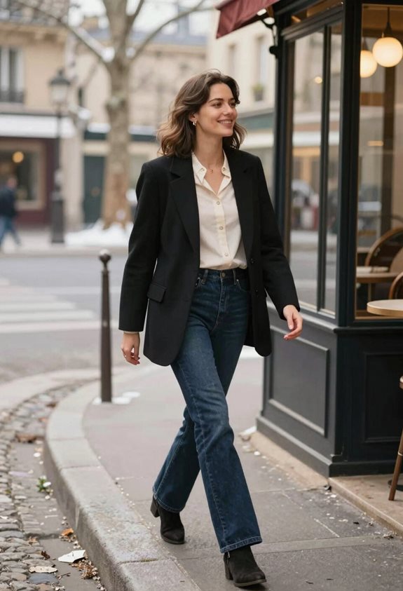 chic blouse flared jeans blazer