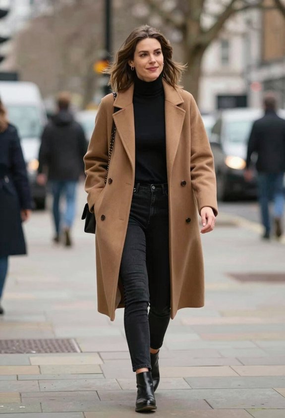 cognac coat black turtleneck jeans