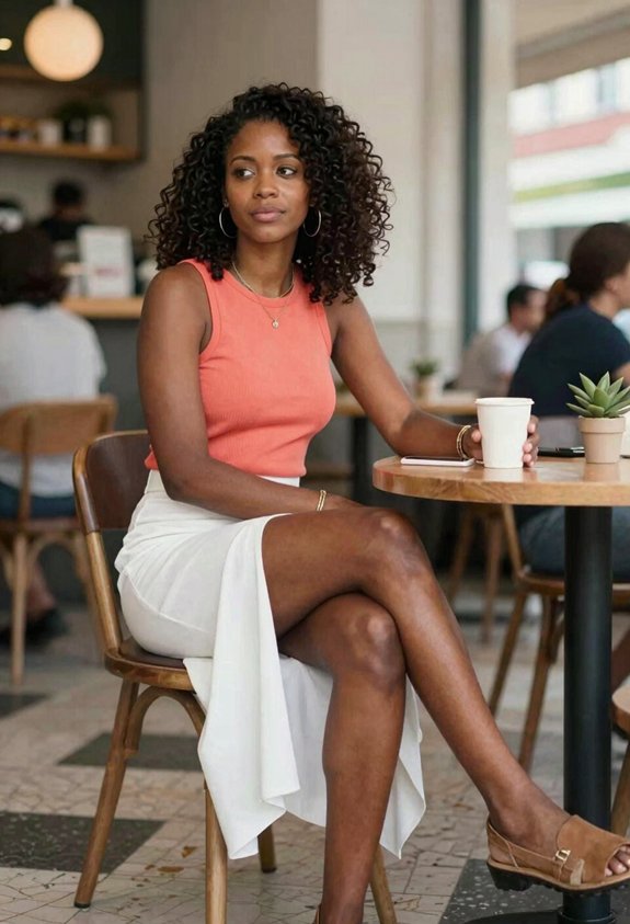 coral top white skirt
