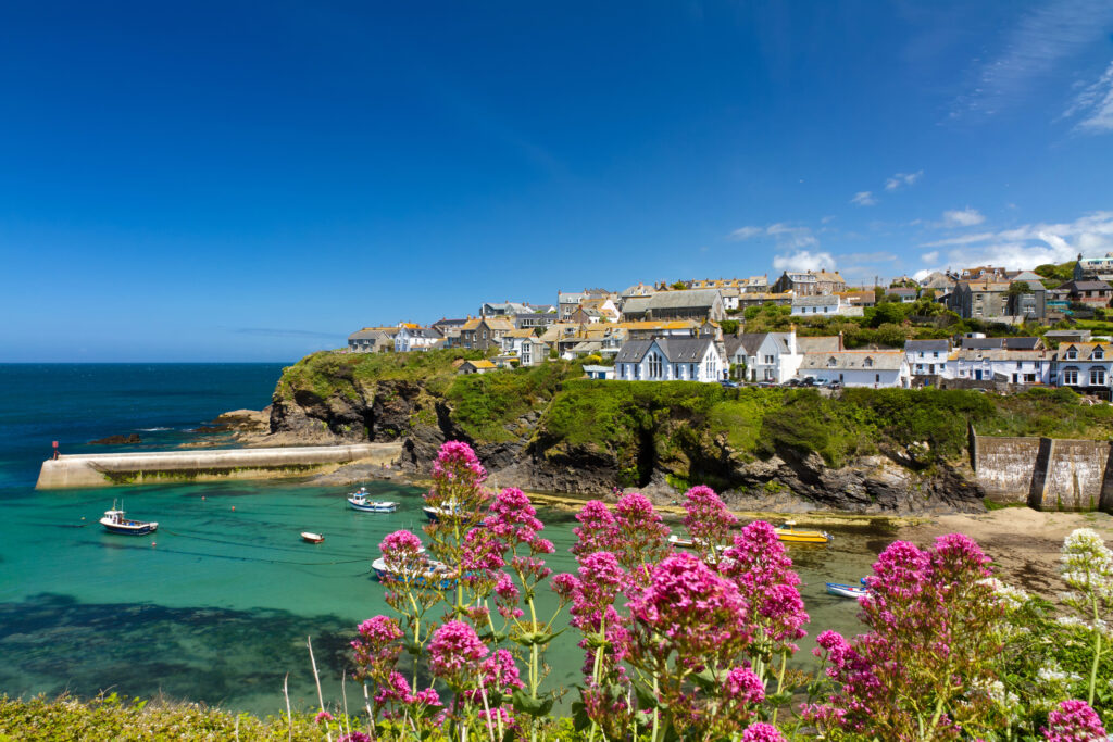 Scenic coastal village with colorful flowers, boats in turquoise water, and a clear blue sky.