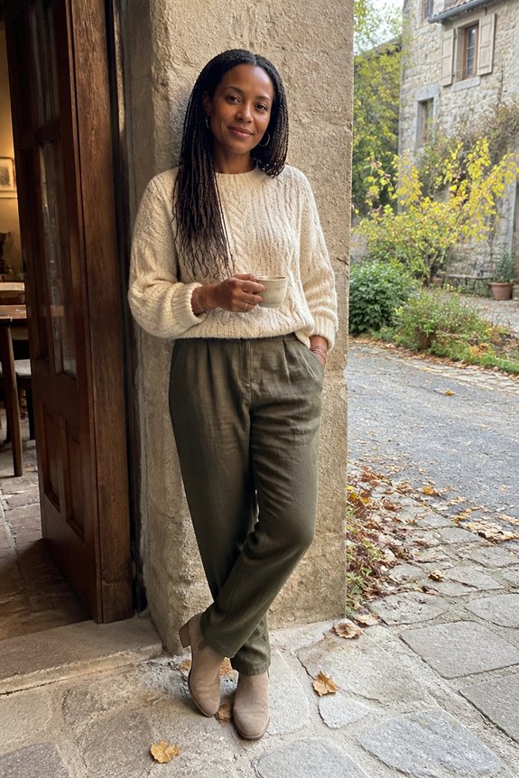 cream sweater olive trousers