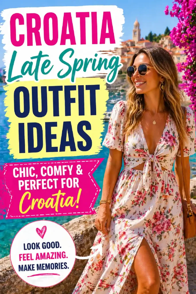 Late spring outfit ideas for Croatia featuring a woman in a floral dress by the seaside. Chic and stylish travel inspiration.