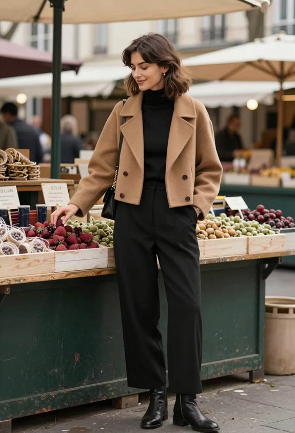 cropped coat turtleneck wide leg trousers
