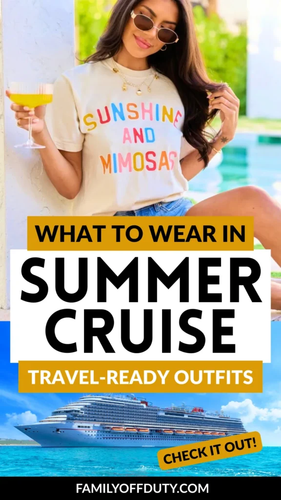 Woman in stylish Sunshine and Mimosas shirt enjoying a drink by a pool, promoting summer cruise outfits.