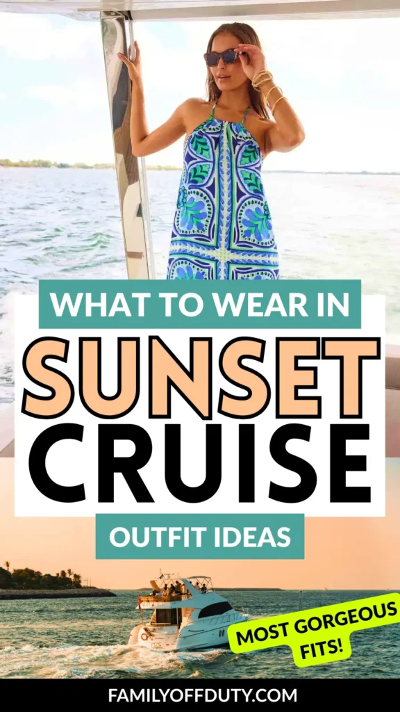 A woman in a colorful dress poses on a boat, promoting sunset cruise outfit ideas against a scenic backdrop.