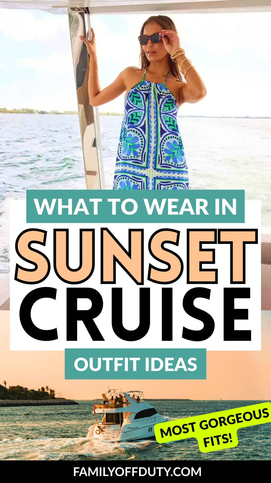 A woman in a colorful dress poses on a boat, promoting sunset cruise outfit ideas against a scenic backdrop.