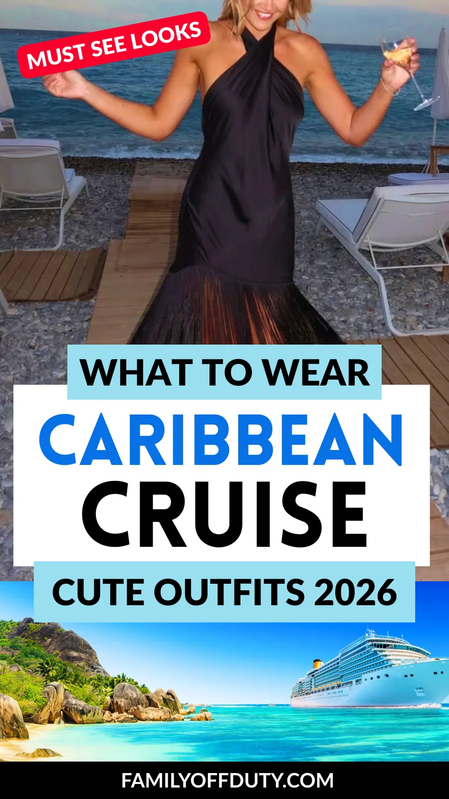 Woman in a stylish black dress enjoying a drink by the beach, promoting cute outfit ideas for a Caribbean cruise 2026.