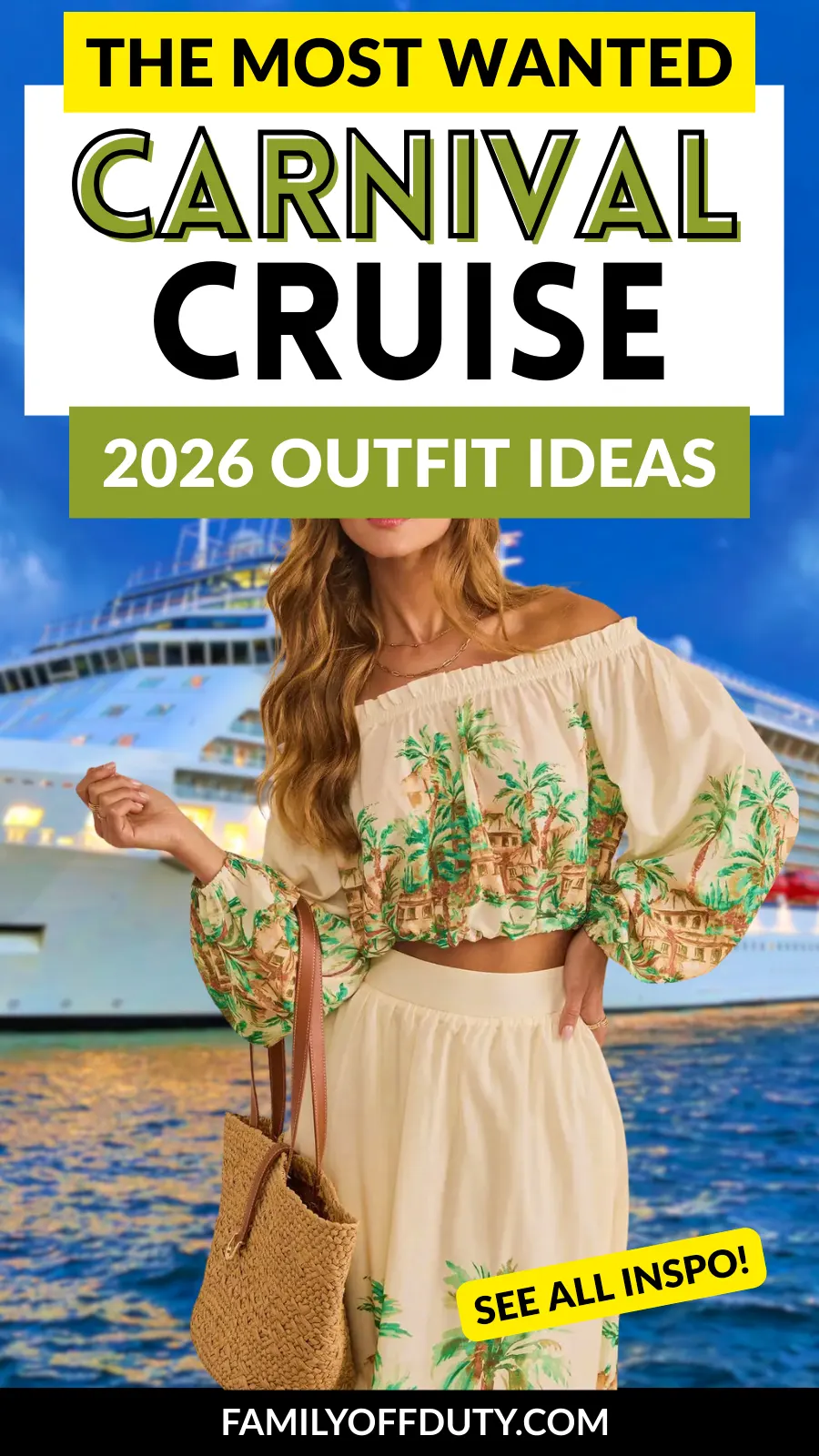 Woman in trendy tropical outfit poses by a cruise ship, showcasing stylish Carnival Cruise 2026 outfit ideas.