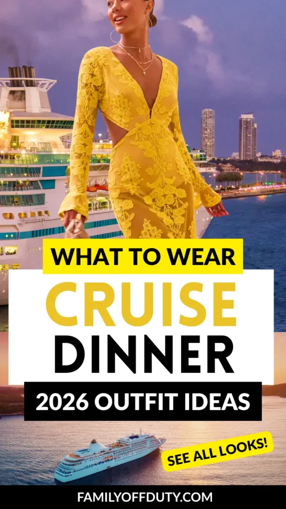 Elegant woman in a yellow dress poses by a cruise ship, showcasing 2026 dinner outfit ideas for stylish travelers.