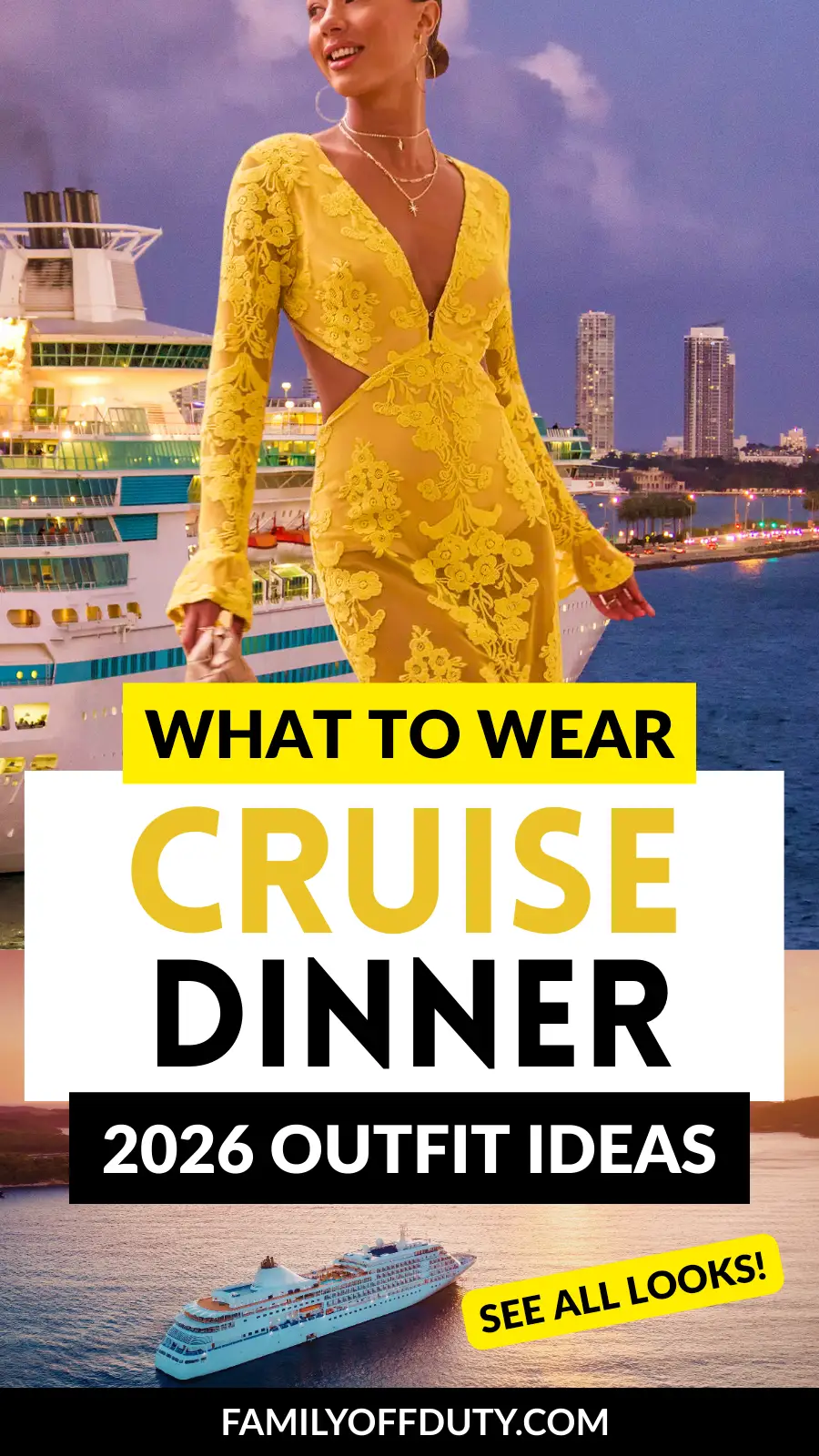 Elegant woman in a yellow dress poses by a cruise ship, showcasing 2026 dinner outfit ideas for stylish travelers.