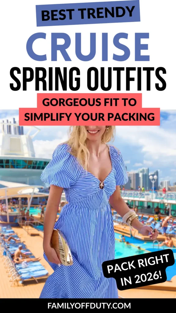 Woman in blue striped dress smiles on a cruise ship, showcasing trendy spring outfits for easy packing in 2026.