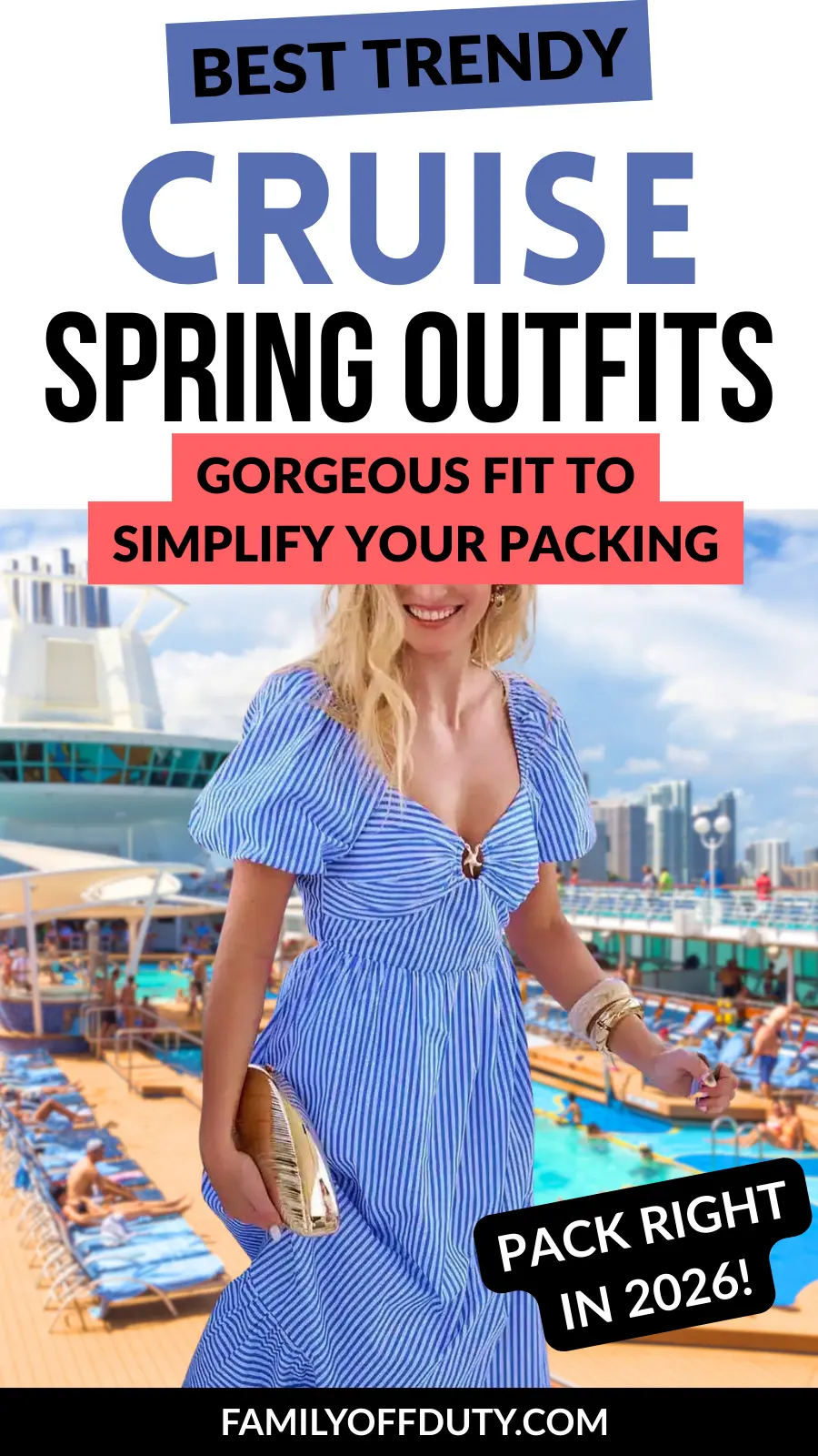 Woman in blue striped dress smiles on a cruise ship, showcasing trendy spring outfits for easy packing in 2026.