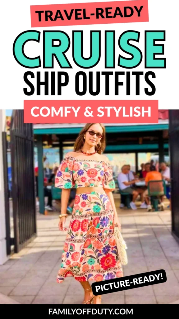Woman in a stylish floral cruise outfit, ready for travel, showcasing comfort and style on a sunny day.