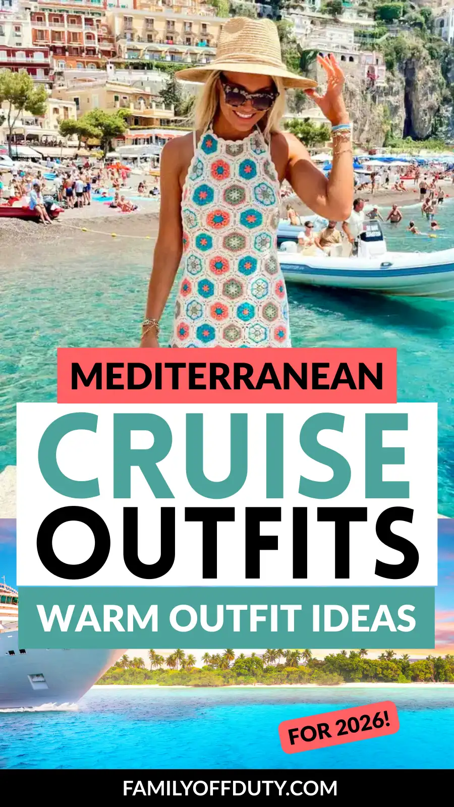 A woman in a colorful outfit and hat smiles by the water, showcasing Mediterranean cruise outfit ideas for 2026.