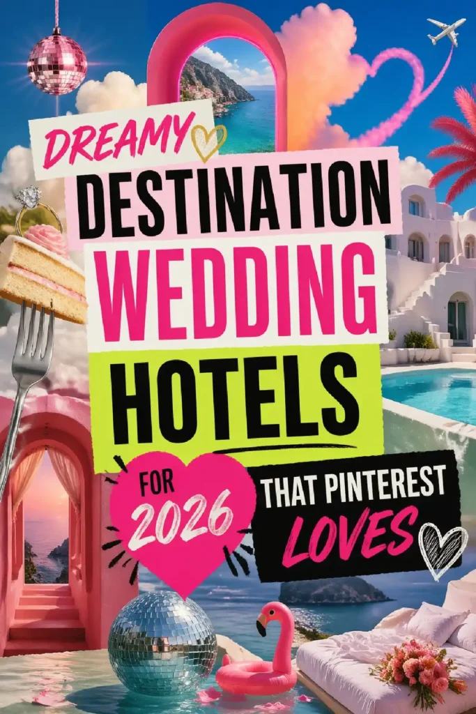 Colorful collage highlighting dreamy destination wedding hotels for 2026, featuring vibrant designs and scenic views.