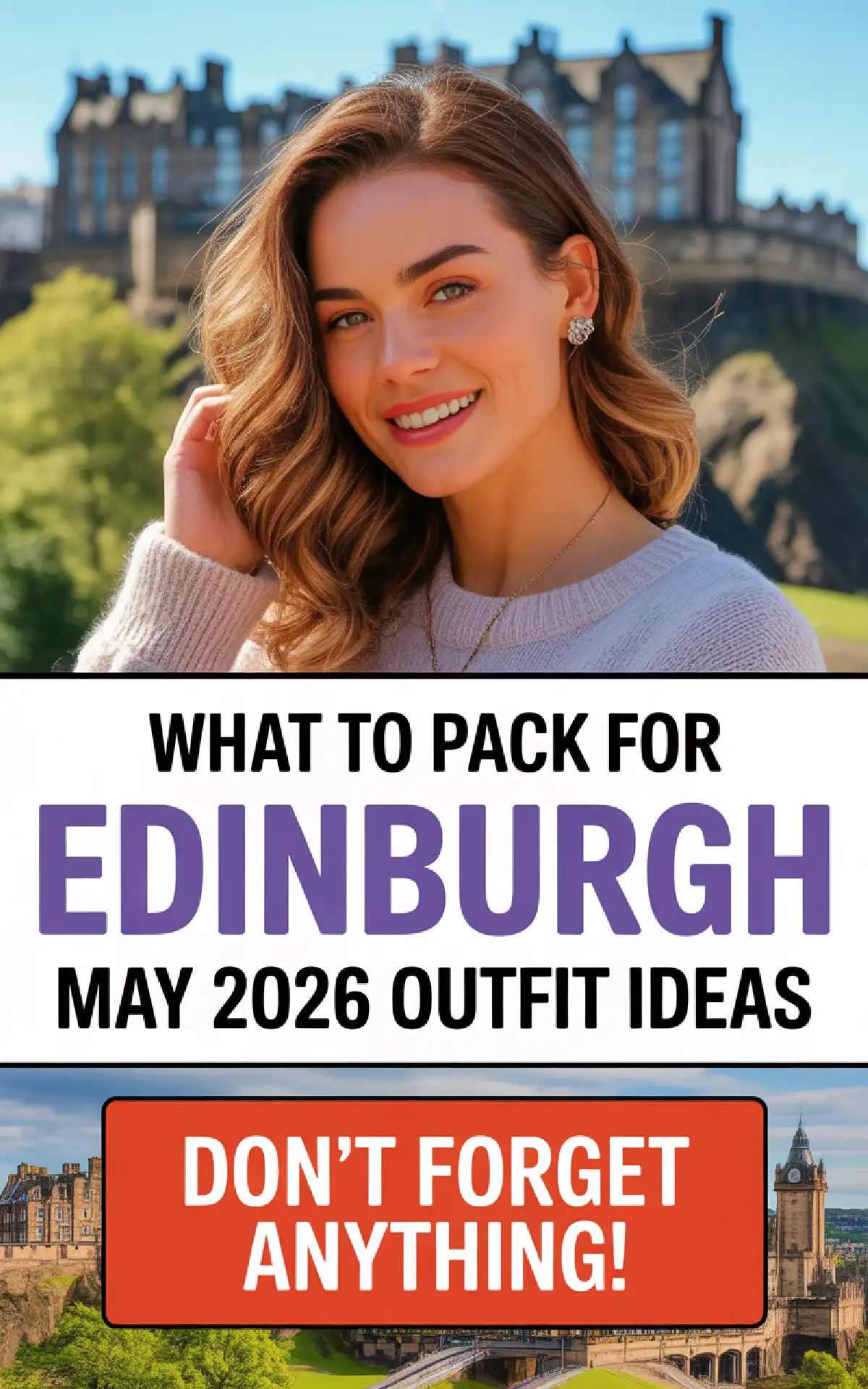 Woman smiling with Edinburgh Castle backdrop, promoting packing tips for May 2026 trip. Don't forget anything!
