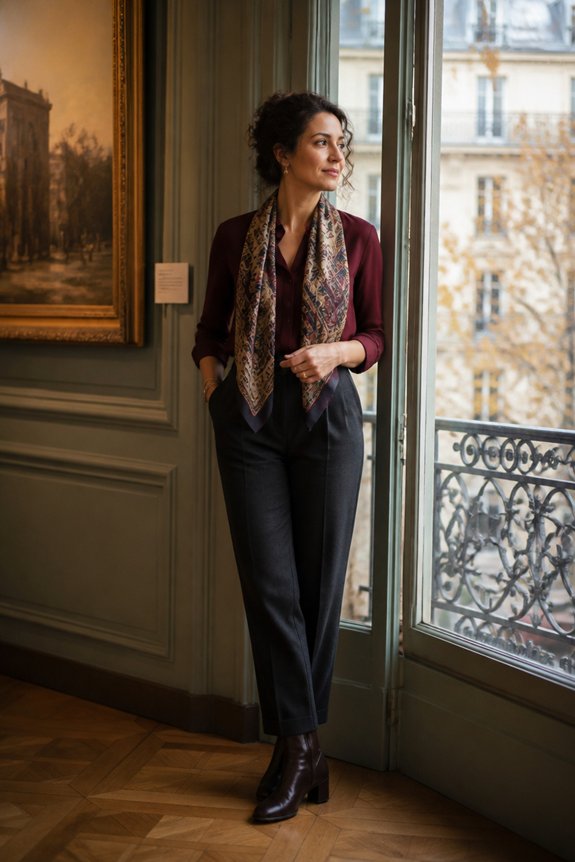 elegant burgundy and charcoal ensemble
