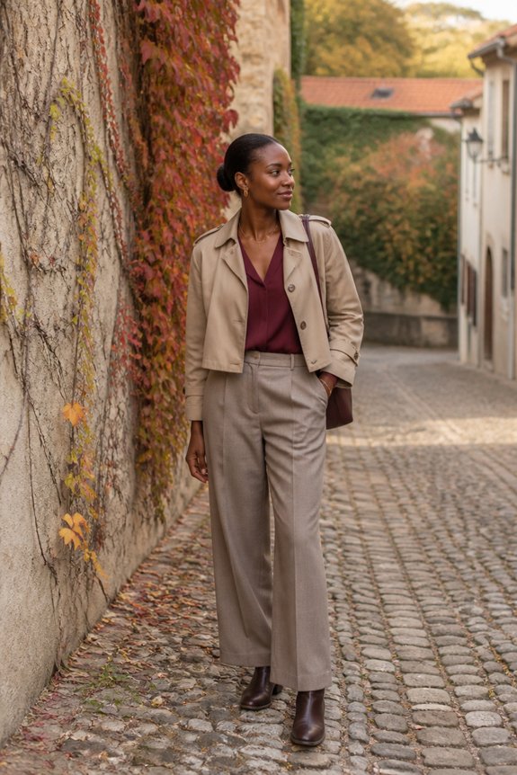 elegant burgundy and taupe ensemble