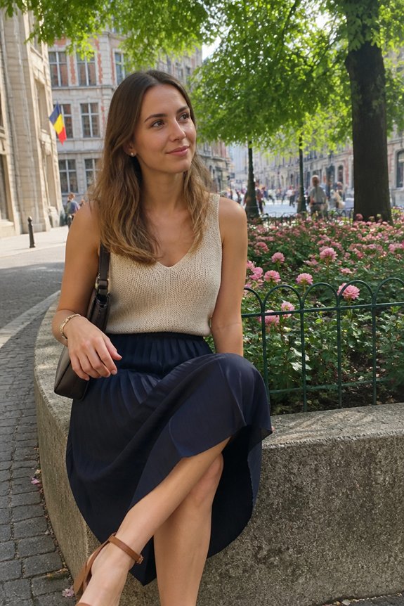 elegant champagne and navy ensemble