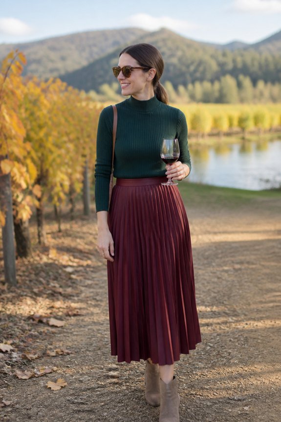 elegant green and burgundy ensemble