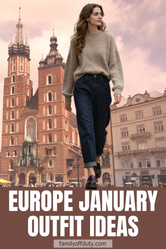 Woman in cozy winter outfit walking in front of European architectural landmark, text: Europe January Outfit Ideas.