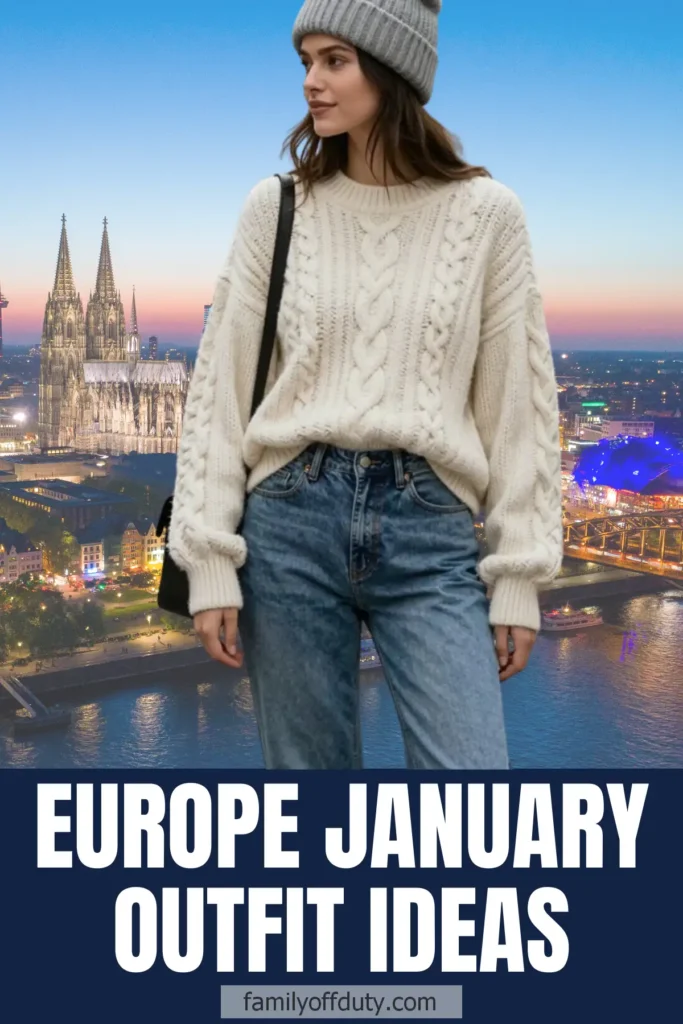 Woman in cozy sweater and beanie with European cityscape background, Europe January outfit ideas.