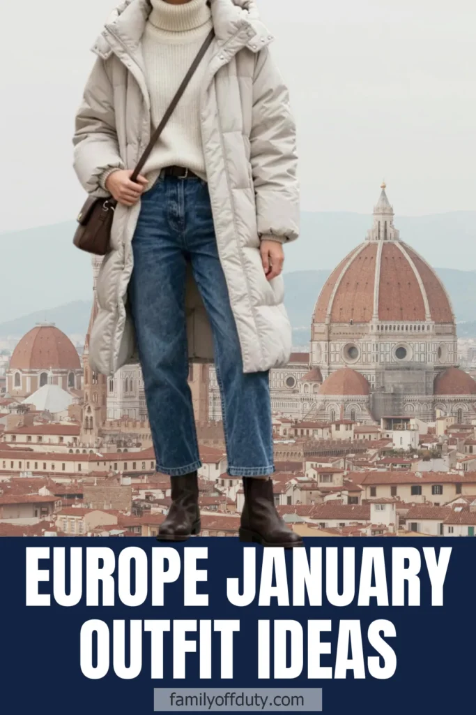 Winter outfit inspiration in Europe with a long coat, jeans, and boots in front of a historic cityscape.